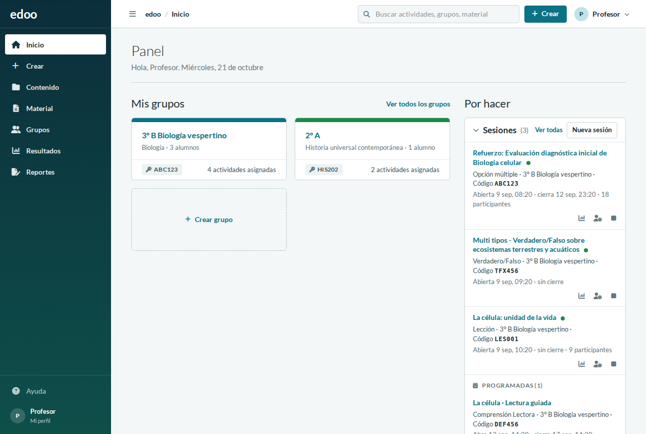 Panel del docente en edoo: grupos, contenido reciente, sesiones y material